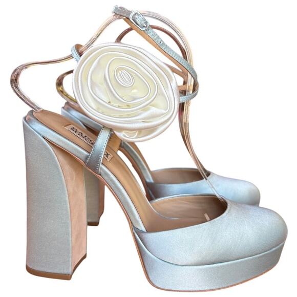 Badgley Mischka Light Blue Satin Chunky Platforms w Rosettes, Wrap Straps sz 8.5 - Picture 1 of 15